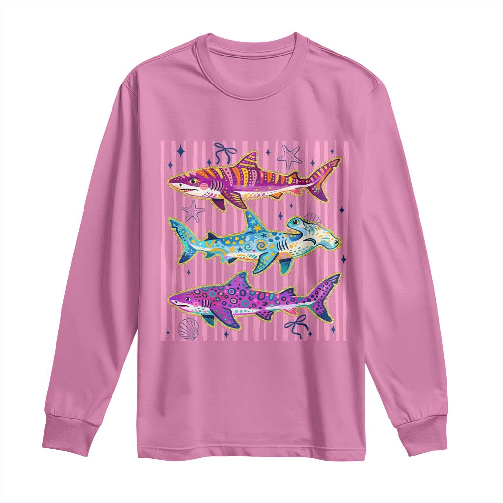 Shark Summer Striped Coastal Ocean Life Glitter Print Long Sleeve Shirt TS11 Azalea Print Your Wear