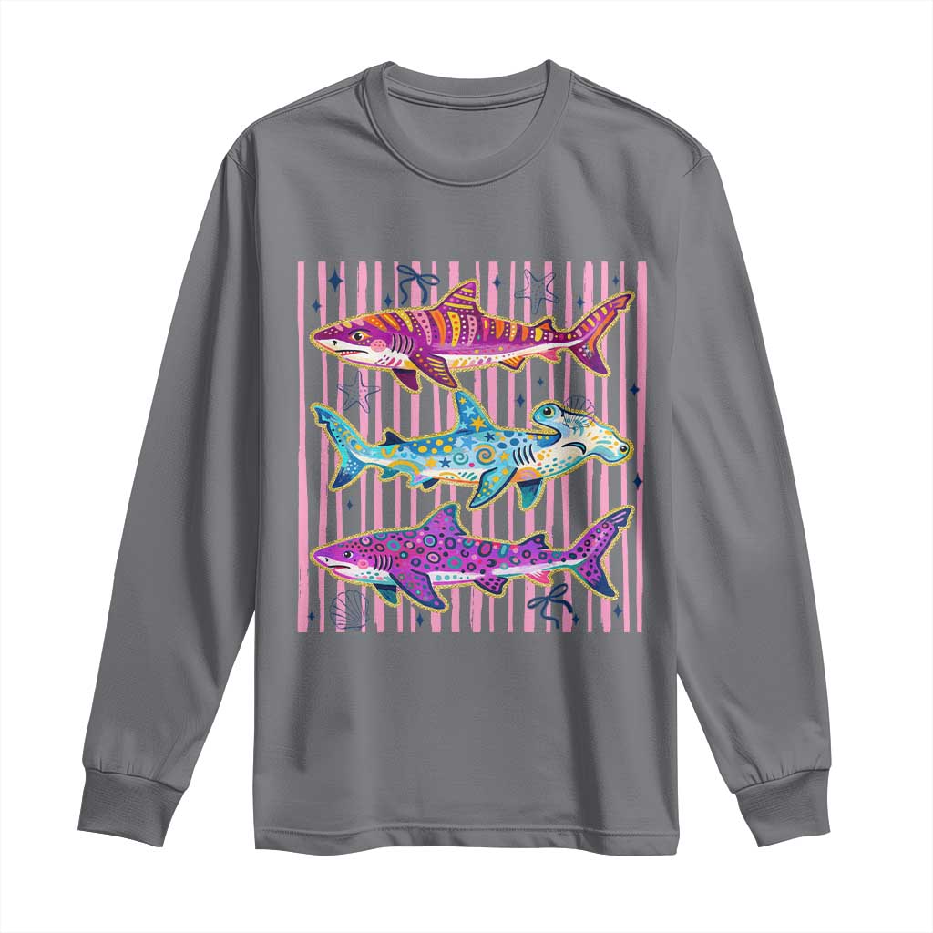 Shark Summer Striped Coastal Ocean Life Glitter Print Long Sleeve Shirt TS11 Charcoal Print Your Wear