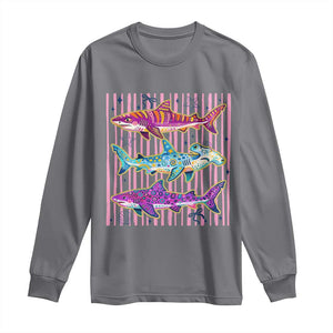 Shark Summer Striped Coastal Ocean Life Glitter Print Long Sleeve Shirt TS11 Charcoal Print Your Wear