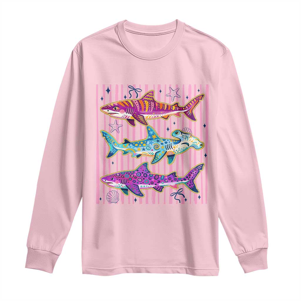 Shark Summer Striped Coastal Ocean Life Glitter Print Long Sleeve Shirt TS11 Light Pink Print Your Wear
