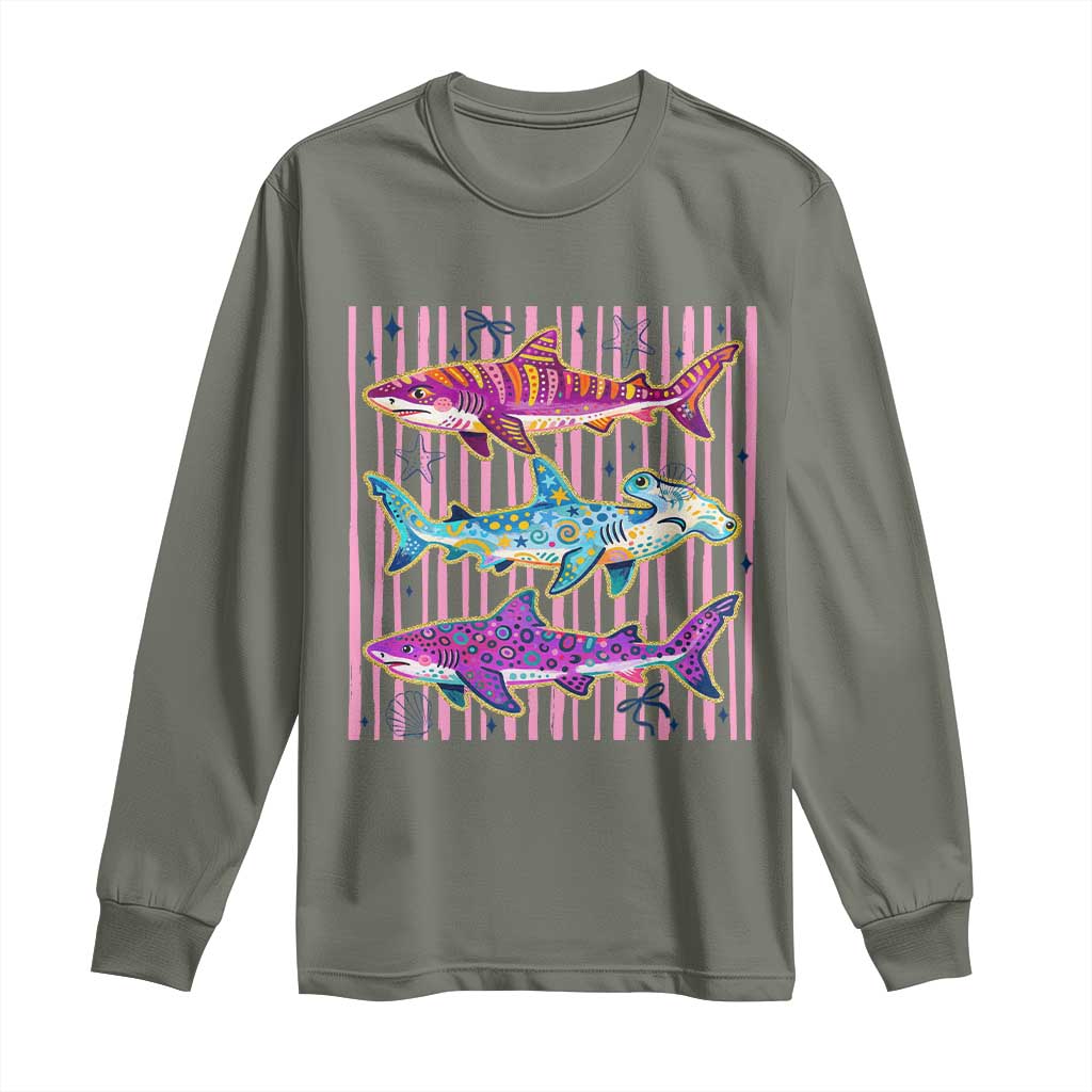 Shark Summer Striped Coastal Ocean Life Glitter Print Long Sleeve Shirt TS11 Military Green Print Your Wear