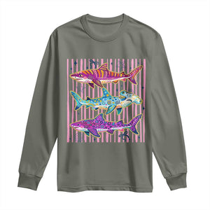 Shark Summer Striped Coastal Ocean Life Glitter Print Long Sleeve Shirt TS11 Military Green Print Your Wear