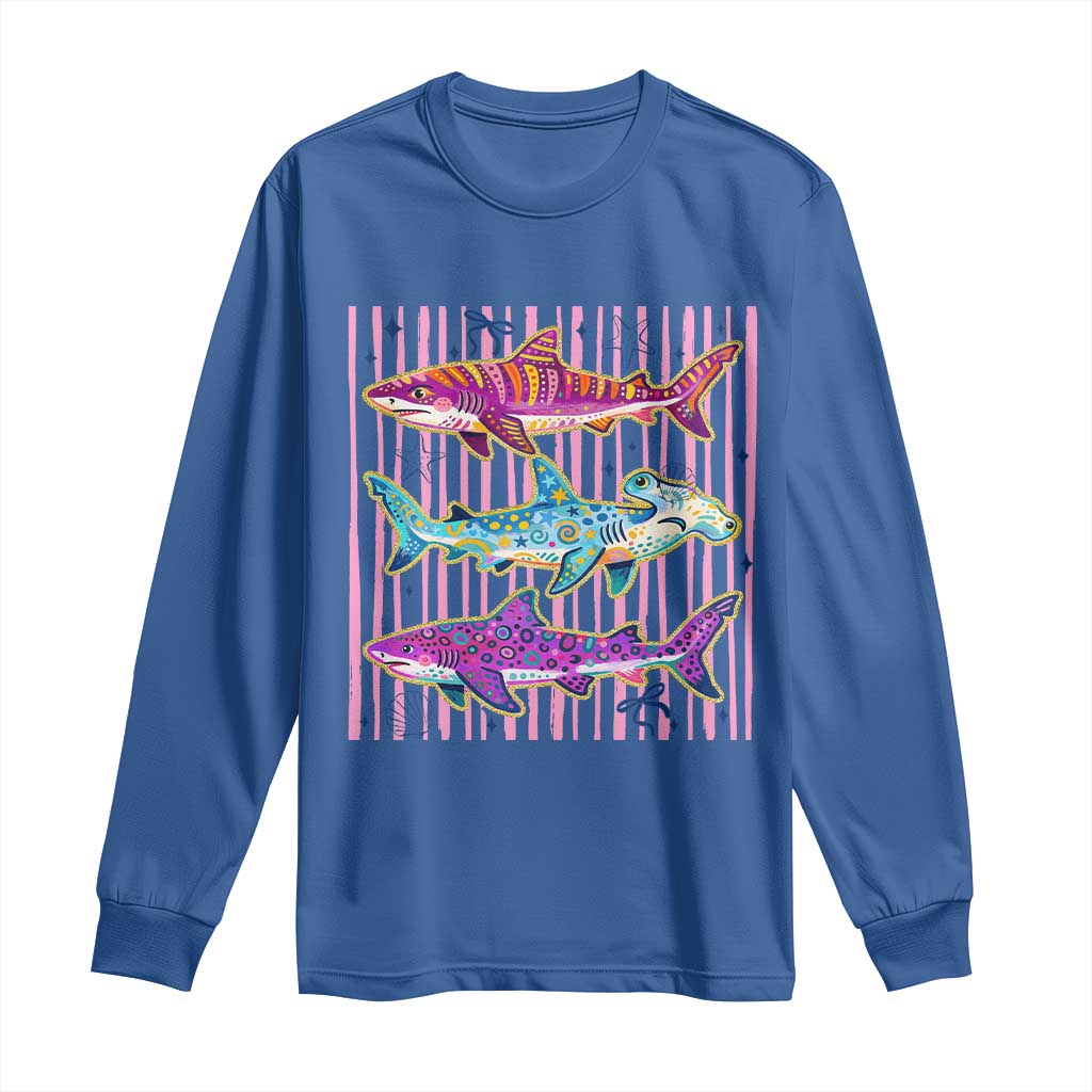 Shark Summer Striped Coastal Ocean Life Glitter Print Long Sleeve Shirt TS11 Royal Blue Print Your Wear