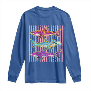 Shark Summer Striped Coastal Ocean Life Glitter Print Long Sleeve Shirt TS11 Royal Blue Print Your Wear