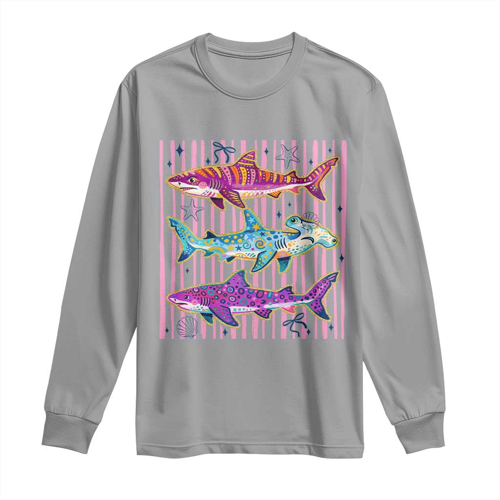 Shark Summer Striped Coastal Ocean Life Glitter Print Long Sleeve Shirt TS11 Sport Gray Print Your Wear