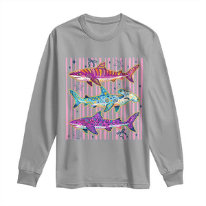 Shark Summer Striped Coastal Ocean Life Glitter Print Long Sleeve Shirt TS11 Sport Gray Print Your Wear