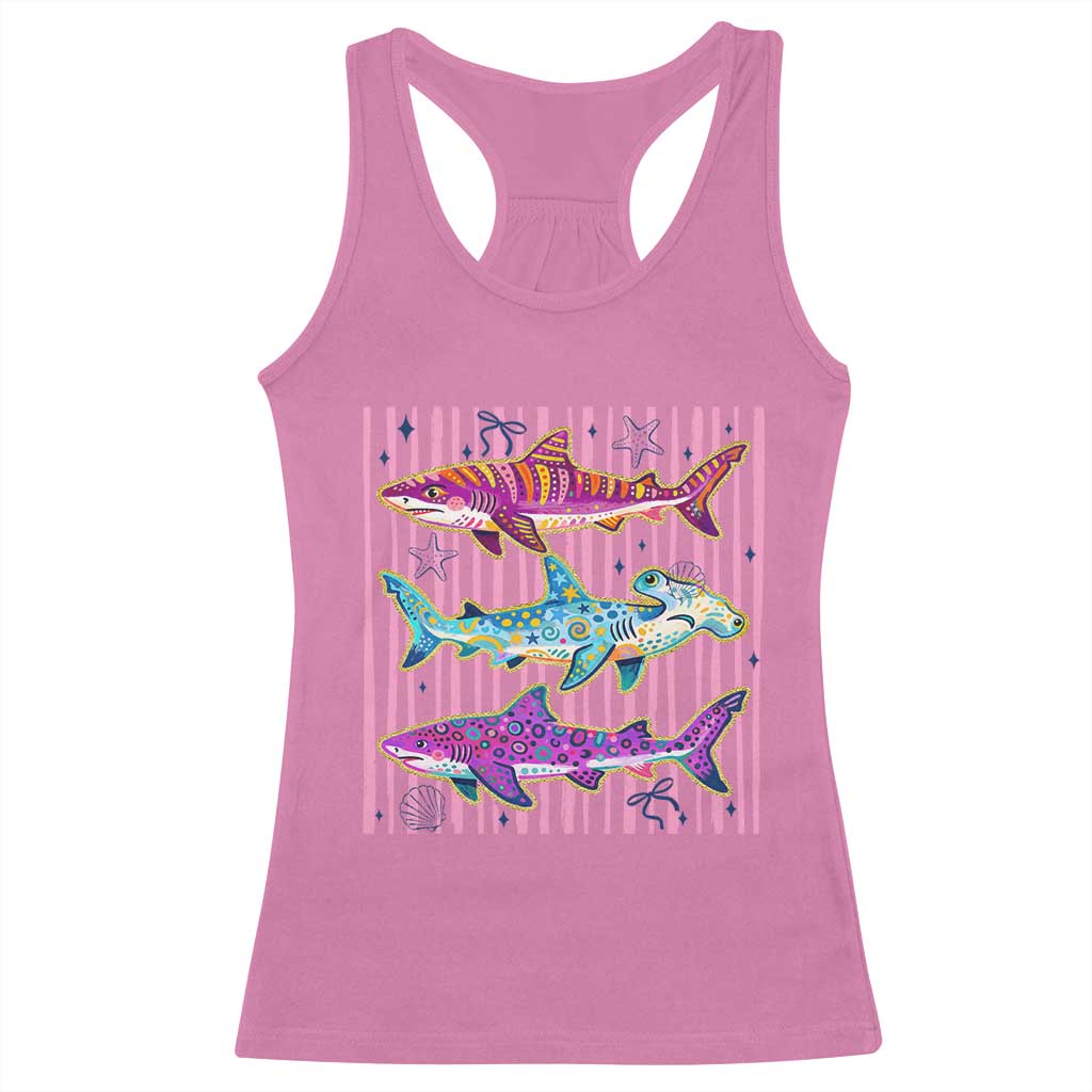 Shark Summer Striped Coastal Ocean Life Glitter Print Racerback Tank Top TS11 Azalea Print Your Wear