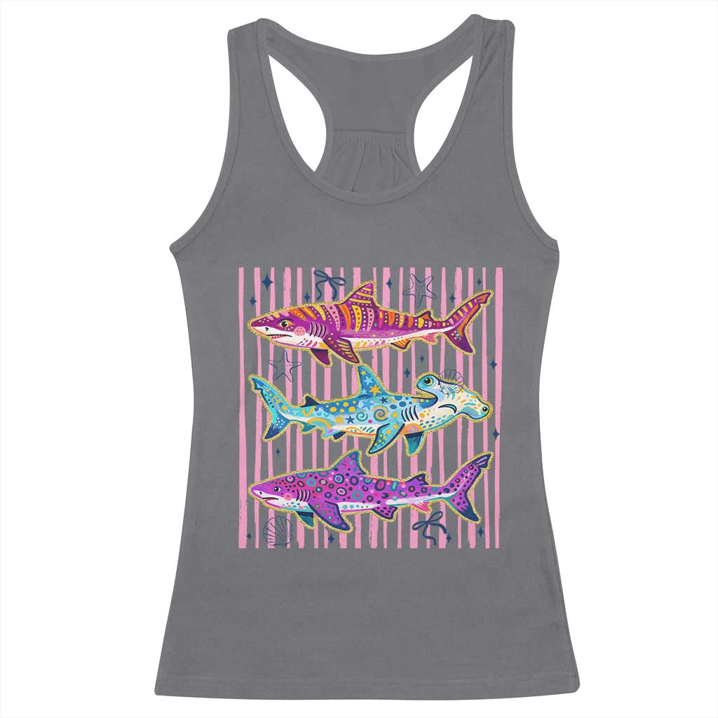 Shark Summer Striped Coastal Ocean Life Glitter Print Racerback Tank Top TS11 Charcoal Print Your Wear