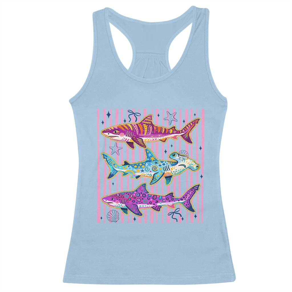 Shark Summer Striped Coastal Ocean Life Glitter Print Racerback Tank Top TS11 Light Blue Print Your Wear