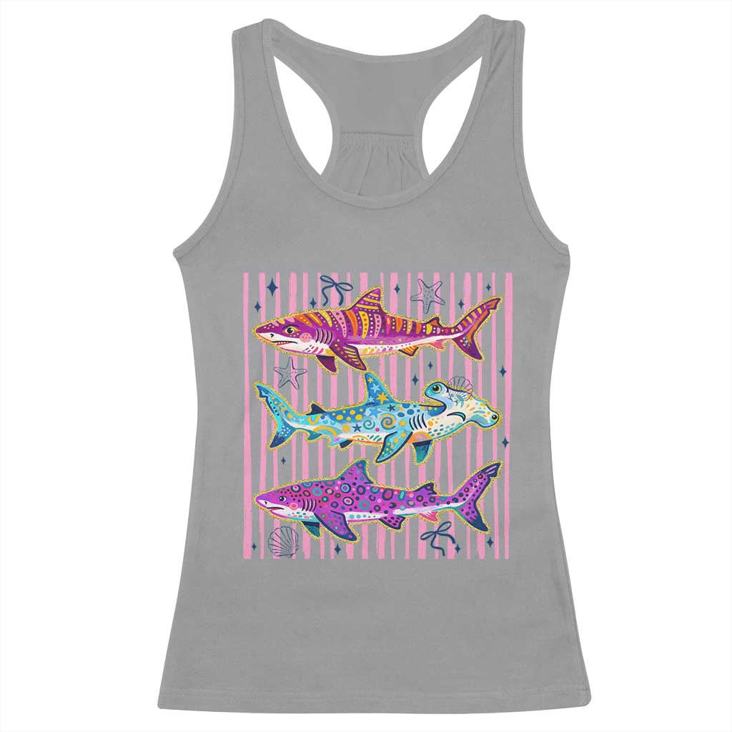 Shark Summer Striped Coastal Ocean Life Glitter Print Racerback Tank Top TS11 Sport Gray Print Your Wear