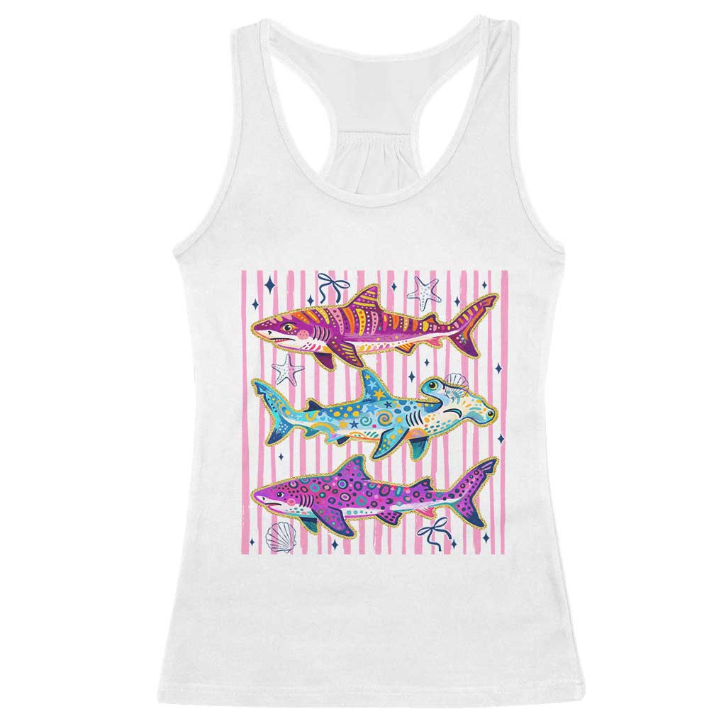 Shark Summer Striped Coastal Ocean Life Glitter Print Racerback Tank Top TS11 White Print Your Wear