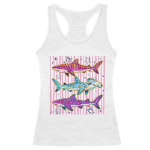 Shark Summer Striped Coastal Ocean Life Glitter Print Racerback Tank Top TS11 White Print Your Wear
