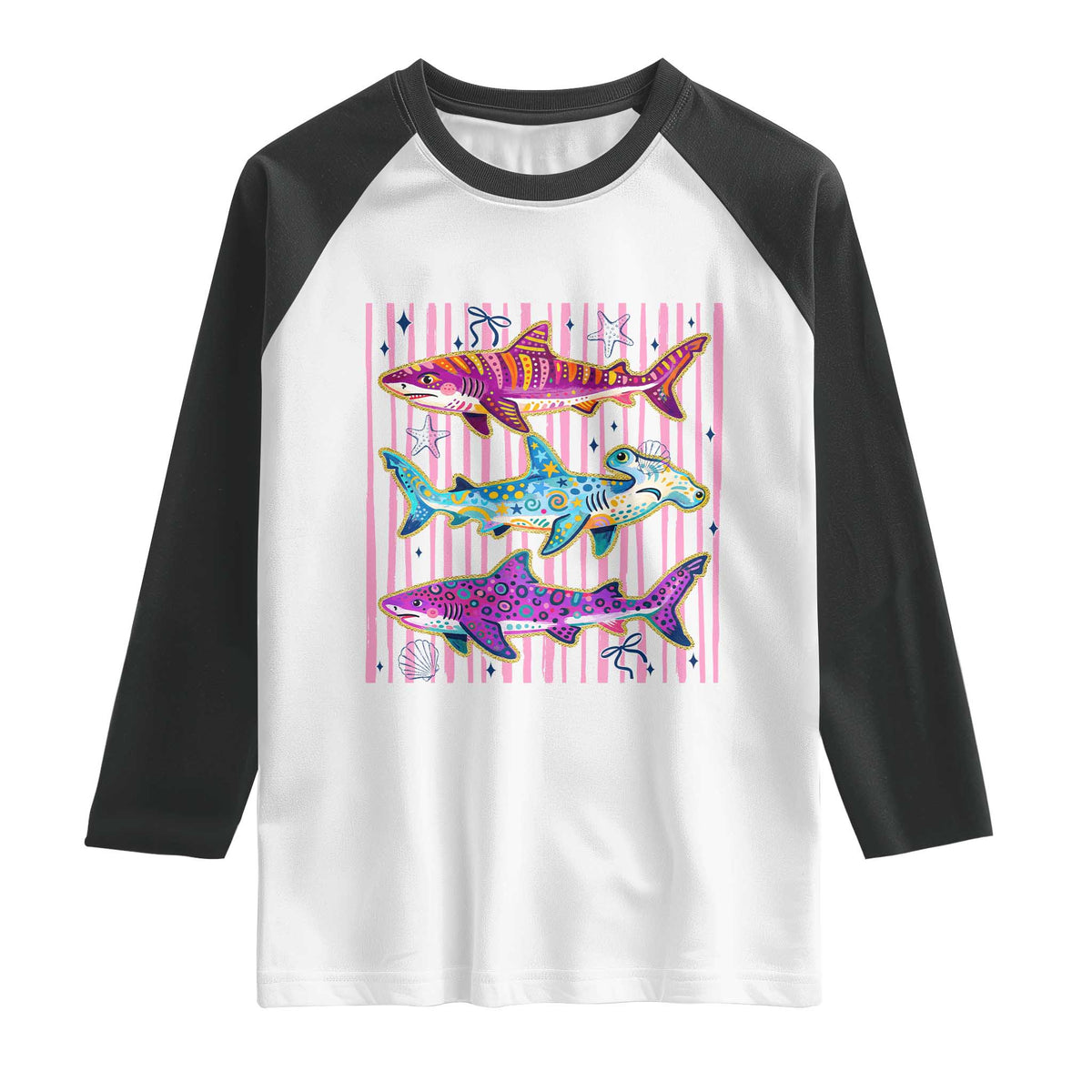 Shark Summer Striped Coastal Ocean Life Glitter Print Raglan Shirt TS11 White Black Print Your Wear
