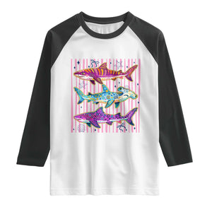 Shark Summer Striped Coastal Ocean Life Glitter Print Raglan Shirt TS11 White Black Print Your Wear