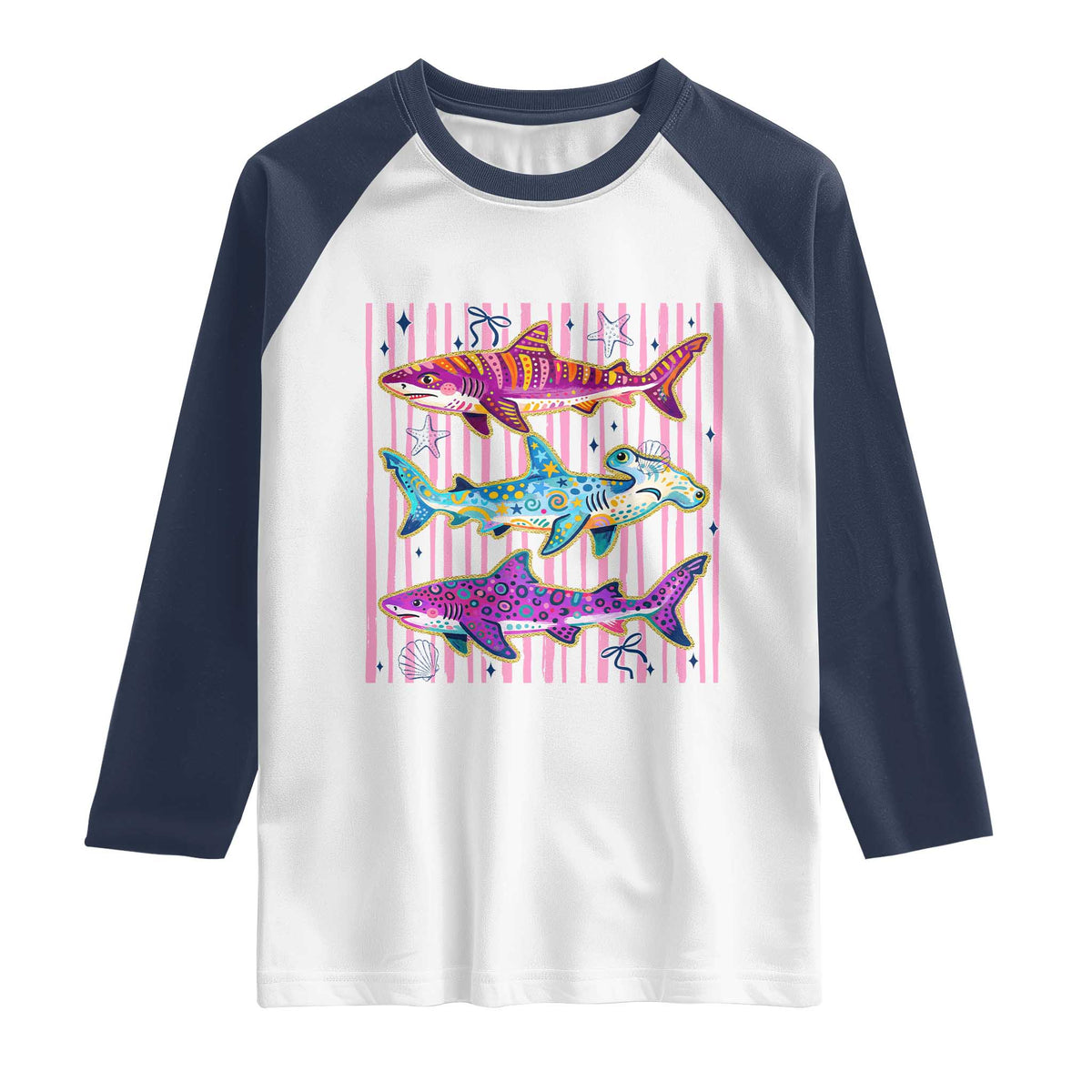Shark Summer Striped Coastal Ocean Life Glitter Print Raglan Shirt TS11 White Navy Print Your Wear