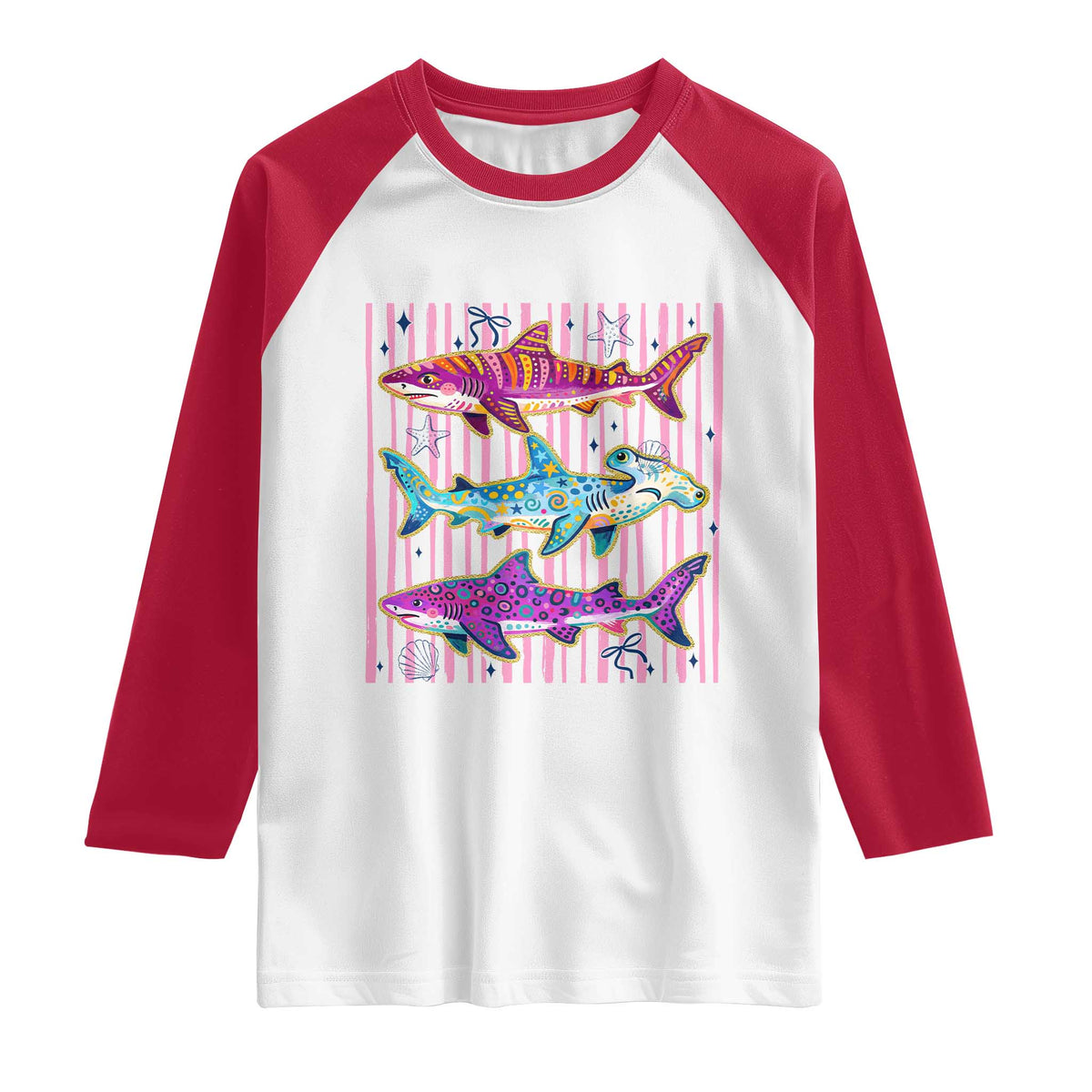 Shark Summer Striped Coastal Ocean Life Glitter Print Raglan Shirt TS11 White Red Print Your Wear