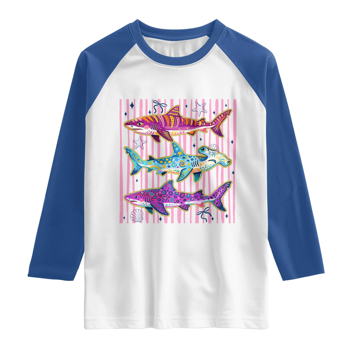 Shark Summer Striped Coastal Ocean Life Glitter Print Raglan Shirt TS11 White Royal Print Your Wear