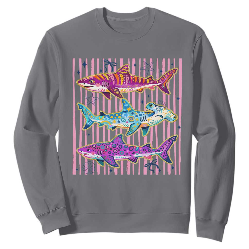 Shark Summer Striped Coastal Ocean Life Glitter Print Sweatshirt TS11 Charcoal Print Your Wear