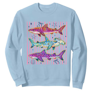 Shark Summer Striped Coastal Ocean Life Glitter Print Sweatshirt TS11 Light Blue Print Your Wear