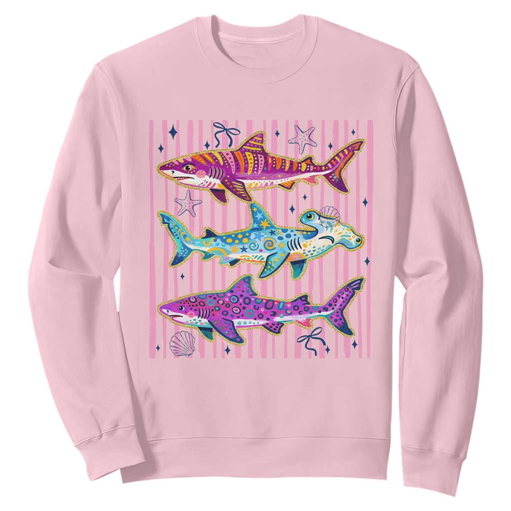 Shark Summer Striped Coastal Ocean Life Glitter Print Sweatshirt TS11 Light Pink Print Your Wear