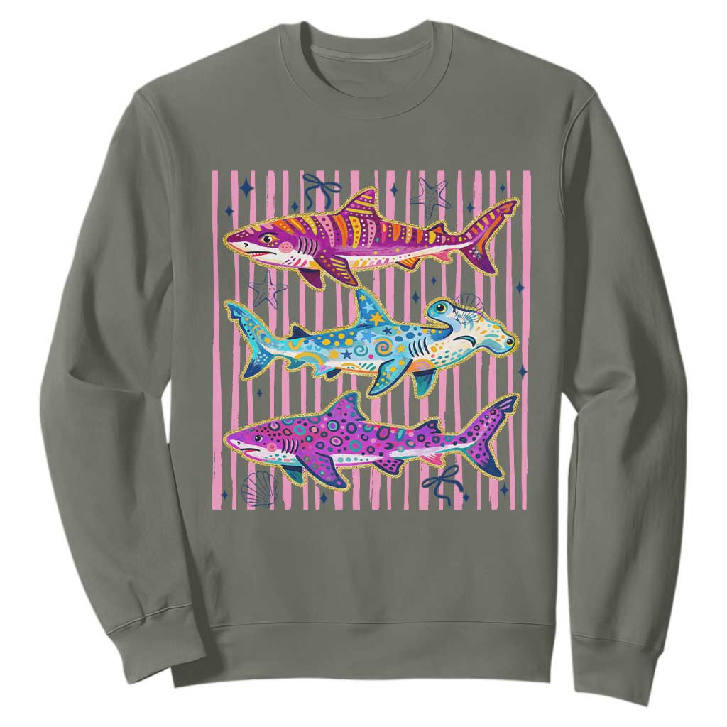 Shark Summer Striped Coastal Ocean Life Glitter Print Sweatshirt TS11 Military Green Print Your Wear