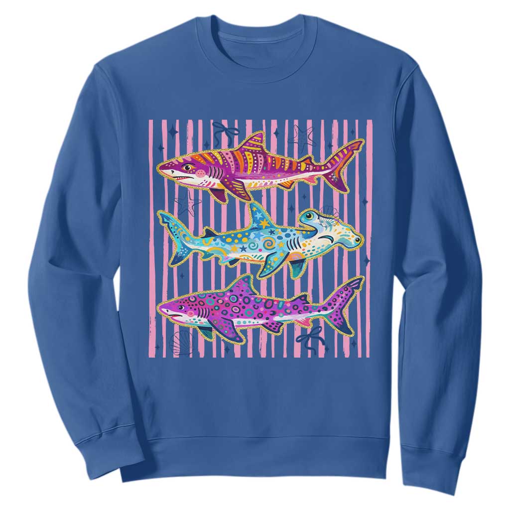 Shark Summer Striped Coastal Ocean Life Glitter Print Sweatshirt TS11 Royal Blue Print Your Wear