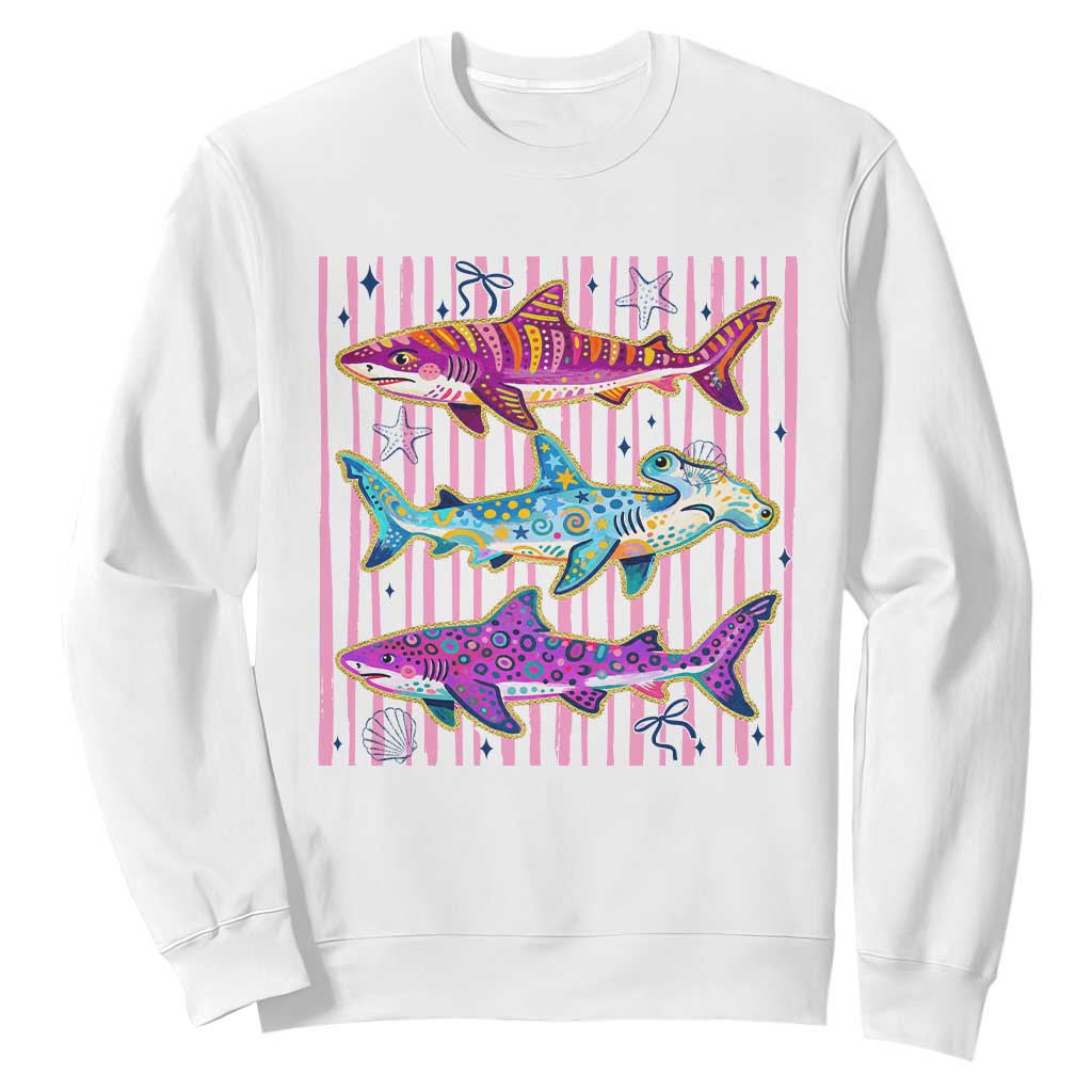 Shark Summer Striped Coastal Ocean Life Glitter Print Sweatshirt TS11 White Print Your Wear