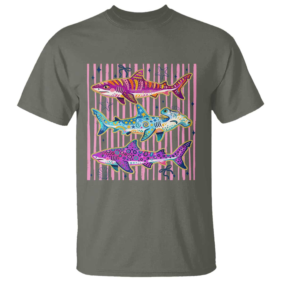 Shark Summer Striped Coastal Ocean Life Glitter Print T Shirt TS11 Military Green Print Your Wear