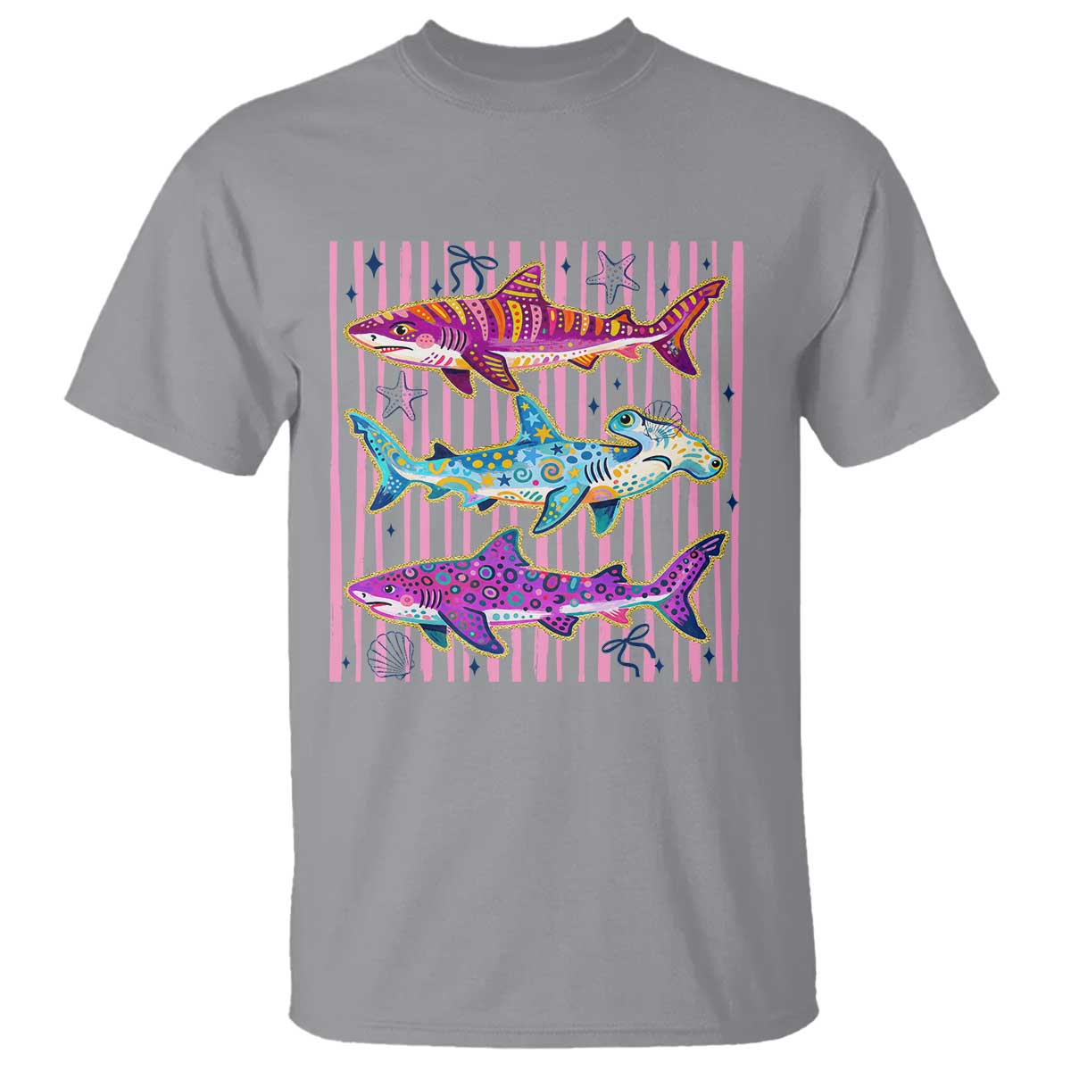 Shark Summer Striped Coastal Ocean Life Glitter Print T Shirt TS11 Sport Gray Print Your Wear