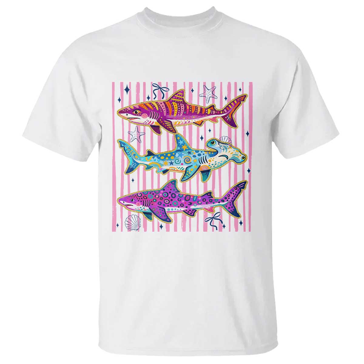 Shark Summer Striped Coastal Ocean Life Glitter Print T Shirt TS11 White Print Your Wear
