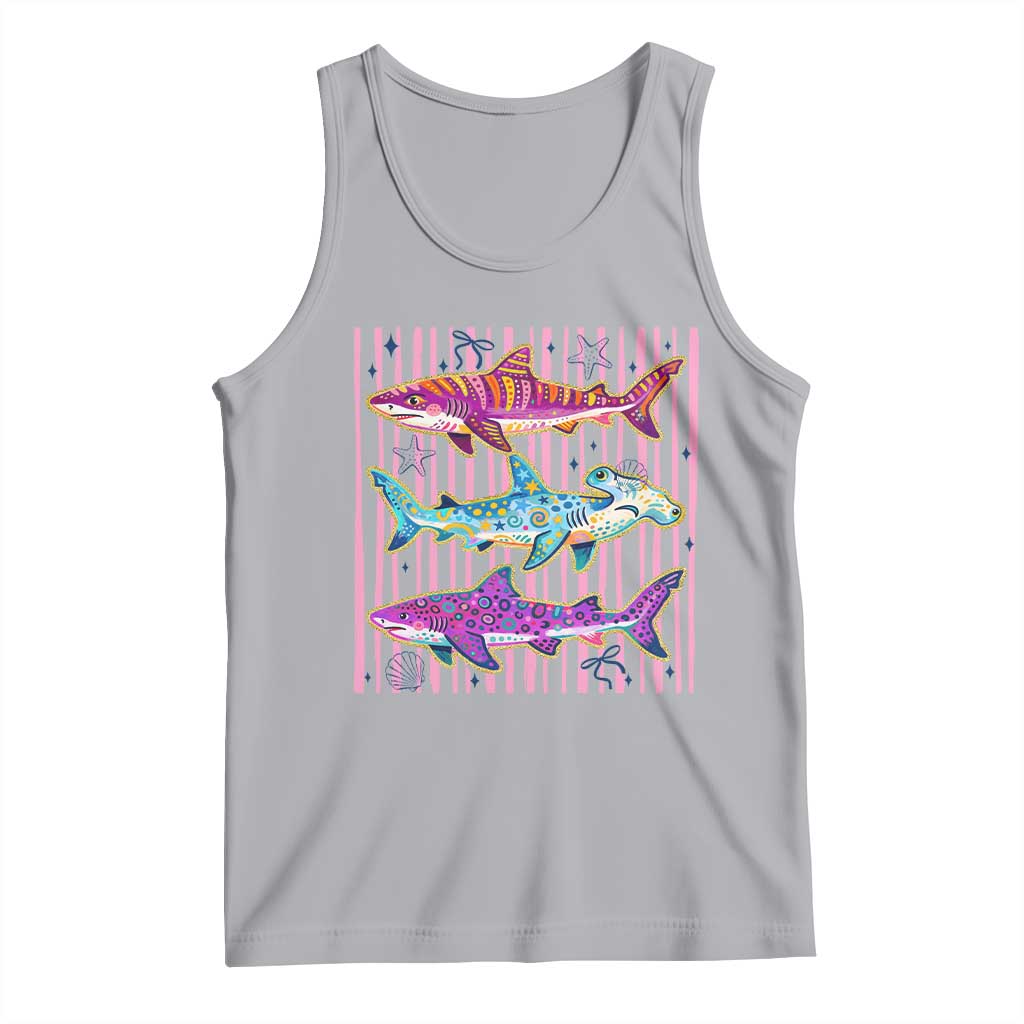 Shark Summer Striped Coastal Ocean Life Glitter Print Tank Top TS11 Athletic Heather Print Your Wear