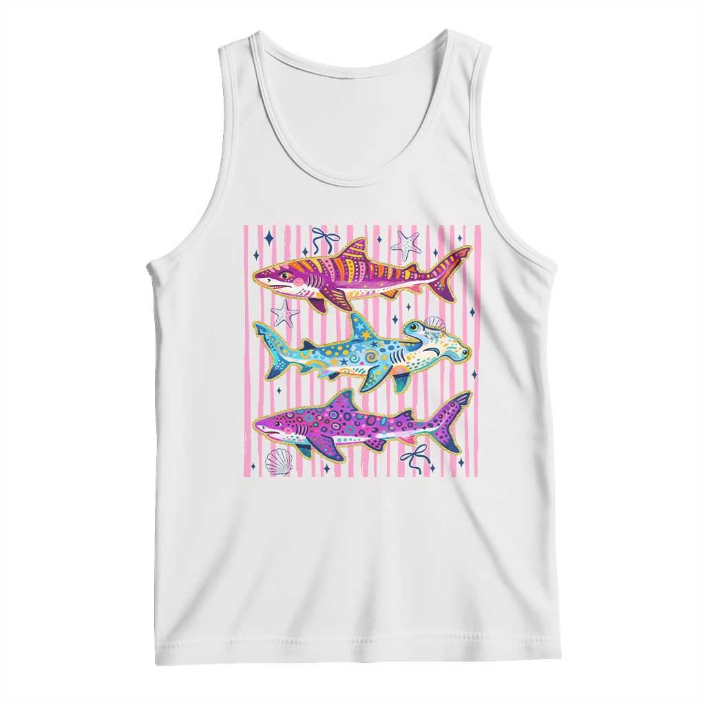 Shark Summer Striped Coastal Ocean Life Glitter Print Tank Top TS11 White Print Your Wear