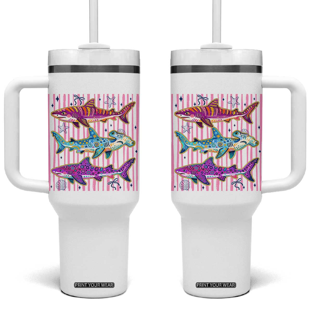 Shark Summer Striped Coastal Ocean Life Glitter Print Tumbler With Handle TS11 One Size: 40 oz White Print Your Wear