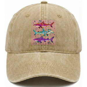 Shark Summer Striped Coastal Ocean Life Glitter Print Washed Cotton Baseball Cap TS11 Print Your Wear