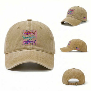 Shark Summer Striped Coastal Ocean Life Glitter Print Washed Cotton Baseball Cap TS11 Washed Cap Universal Fit Khaki Print Your Wear