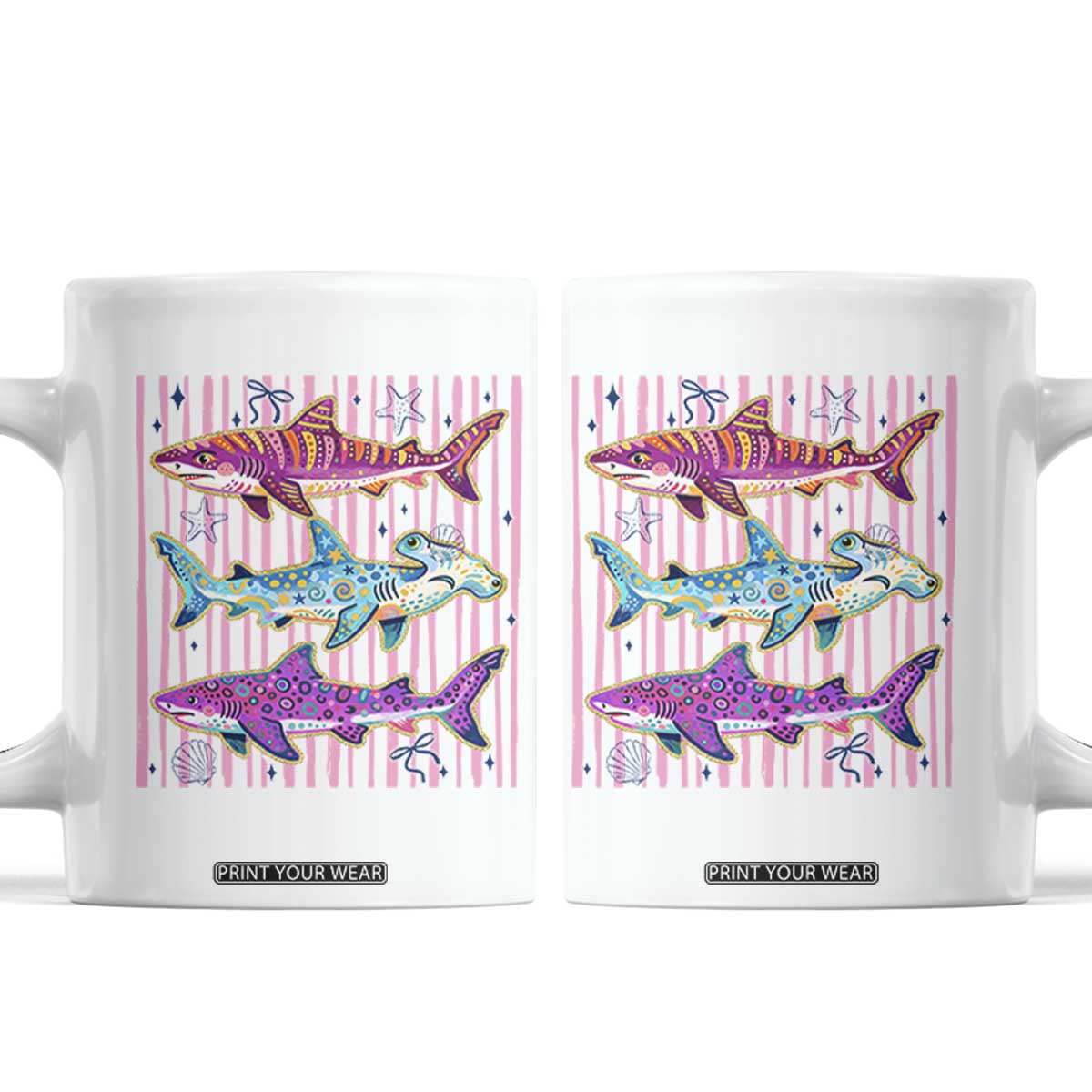 Shark Summer Striped Coastal Ocean Life Glitter Print Coffee Mug TS11 White Print Your Wear