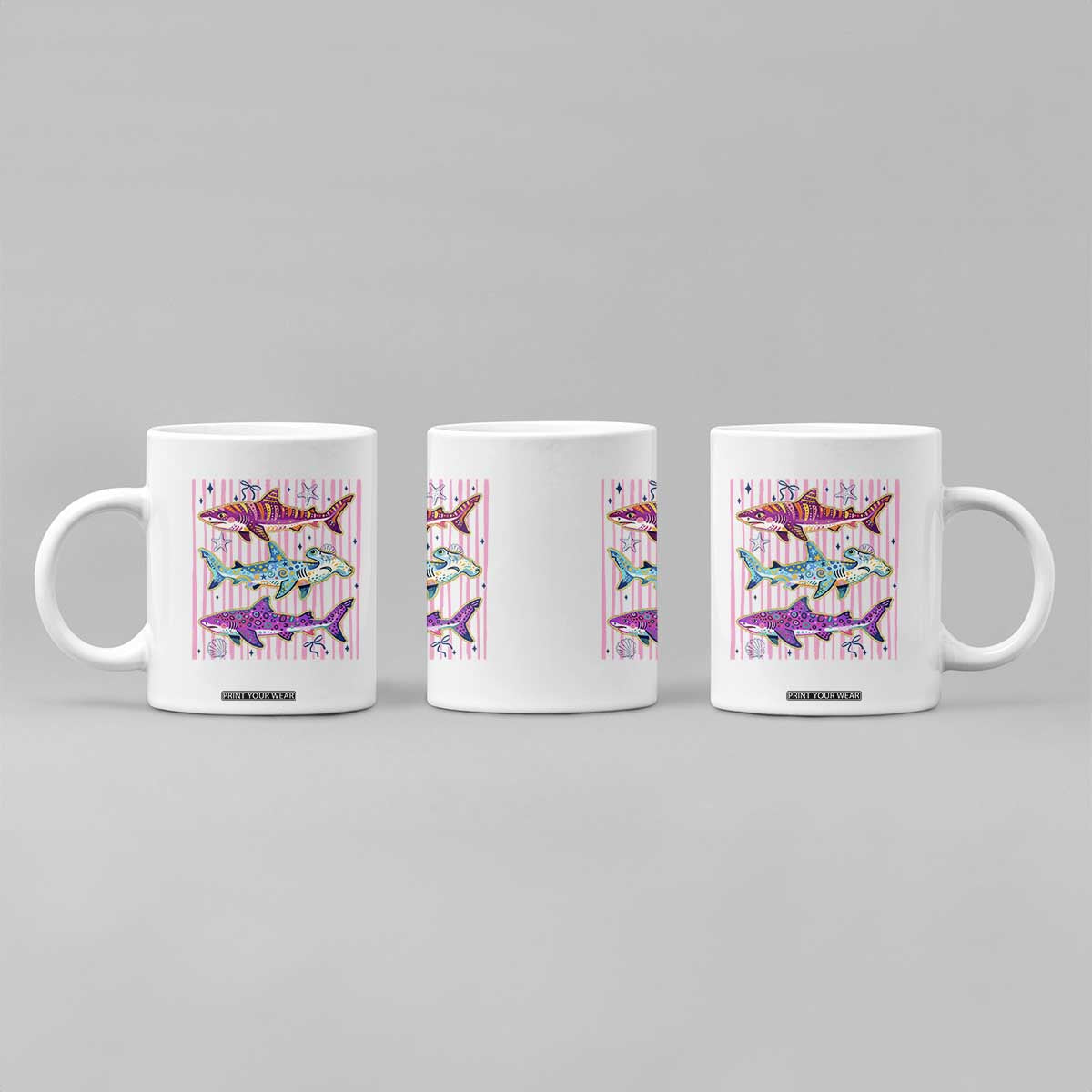Shark Summer Striped Coastal Ocean Life Glitter Print Coffee Mug TS11 Print Your Wear