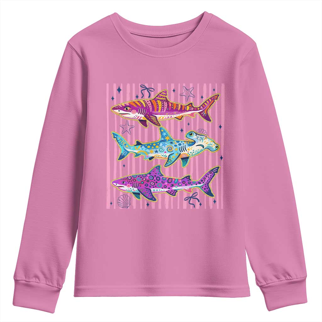 Shark Summer Striped Coastal Ocean Life Glitter Print Youth Sweatshirt TS11 Azalea Print Your Wear