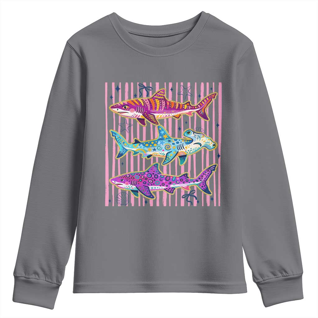 Shark Summer Striped Coastal Ocean Life Glitter Print Youth Sweatshirt TS11 Charcoal Print Your Wear