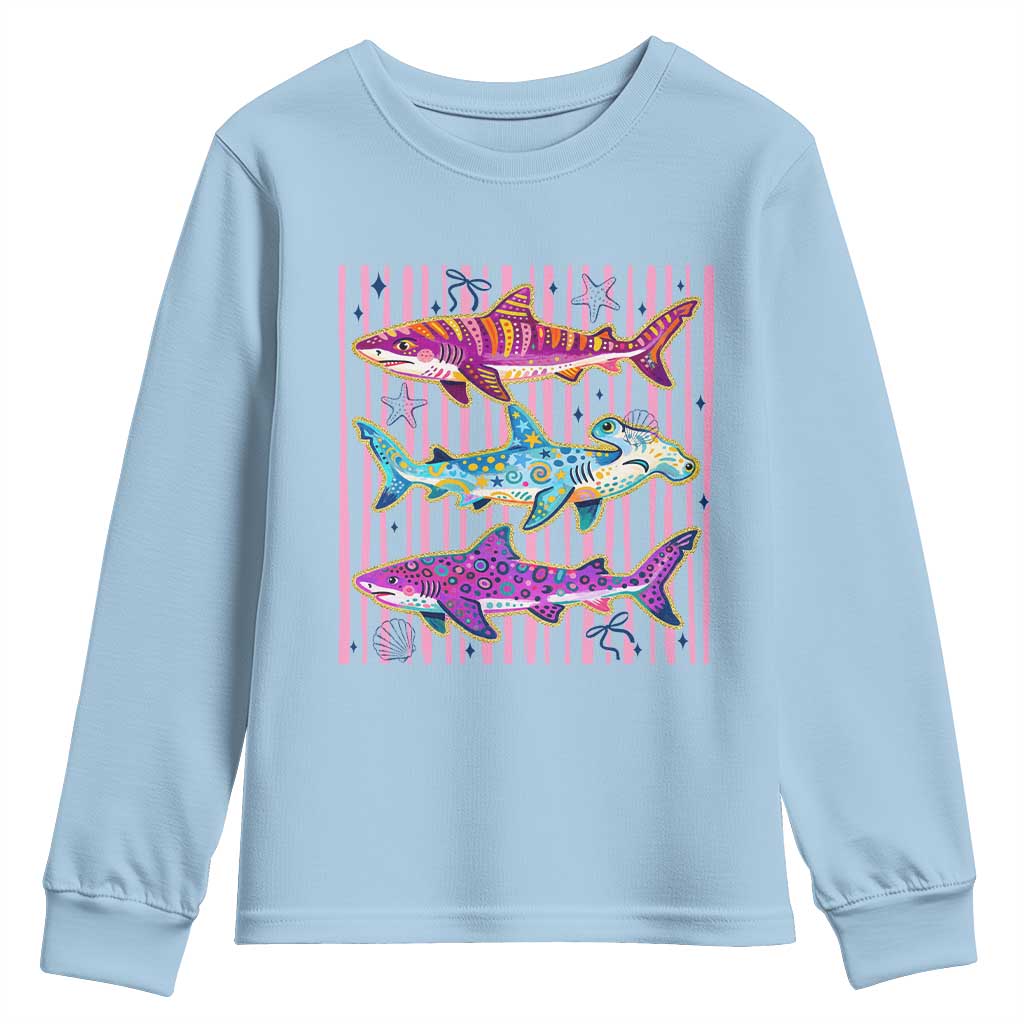 Shark Summer Striped Coastal Ocean Life Glitter Print Youth Sweatshirt TS11 Light Blue Print Your Wear