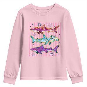 Shark Summer Striped Coastal Ocean Life Glitter Print Youth Sweatshirt TS11 Light Pink Print Your Wear