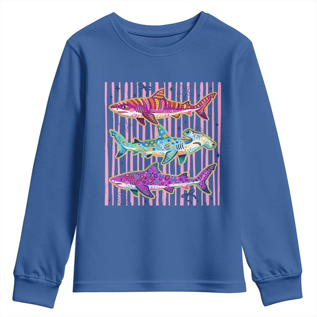 Shark Summer Striped Coastal Ocean Life Glitter Print Youth Sweatshirt TS11 Royal Blue Print Your Wear