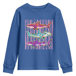Shark Summer Striped Coastal Ocean Life Glitter Print Youth Sweatshirt TS11 Royal Blue Print Your Wear