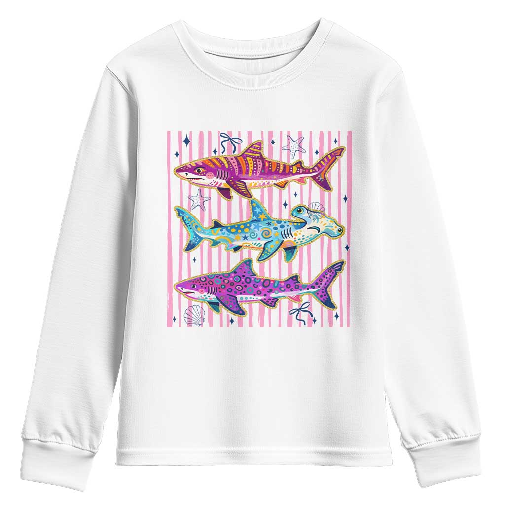 Shark Summer Striped Coastal Ocean Life Glitter Print Youth Sweatshirt TS11 White Print Your Wear