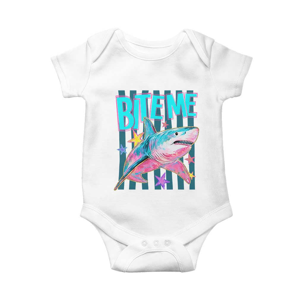 Funny Bite Me Shark Lover Baby Onesie Summer Beach Nautical Stripes Glitter Print TS11 White Print Your Wear