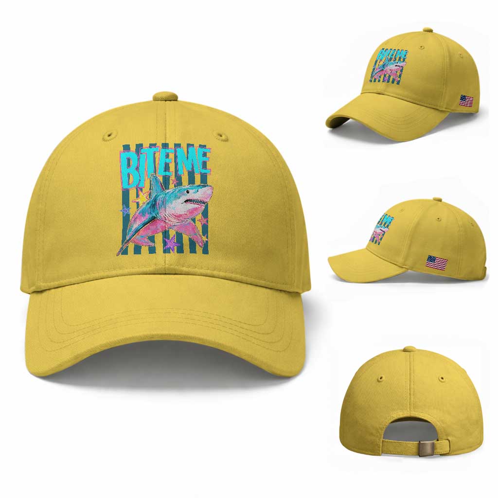 Funny Bite Me Shark Lover Baseball Cap Summer Beach Nautical Stripes Glitter Print TS11 Baseball Cap Universal Fit Yellow Print Your Wear