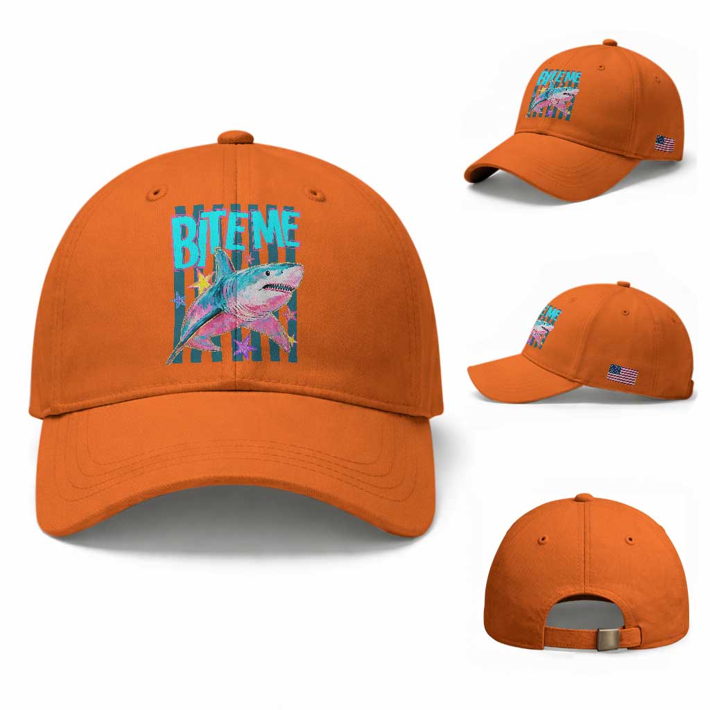 Funny Bite Me Shark Lover Baseball Cap Summer Beach Nautical Stripes Glitter Print TS11 Baseball Cap Universal Fit Orange Print Your Wear