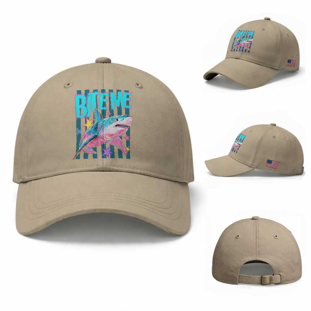 Funny Bite Me Shark Lover Baseball Cap Summer Beach Nautical Stripes Glitter Print TS11 Baseball Cap Universal Fit Khaki Print Your Wear