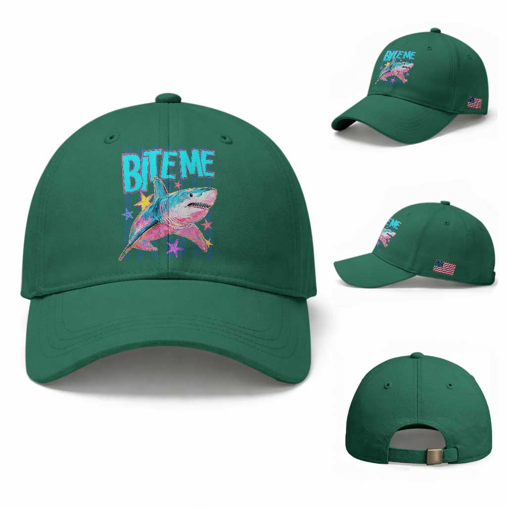 Funny Bite Me Shark Lover Baseball Cap Summer Beach Nautical Stripes Glitter Print TS11 Baseball Cap Universal Fit Irish Green Print Your Wear