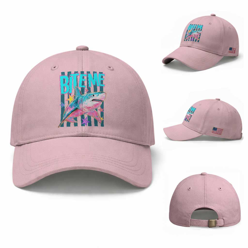 Funny Bite Me Shark Lover Baseball Cap Summer Beach Nautical Stripes Glitter Print TS11 Baseball Cap Universal Fit Light Pink Print Your Wear